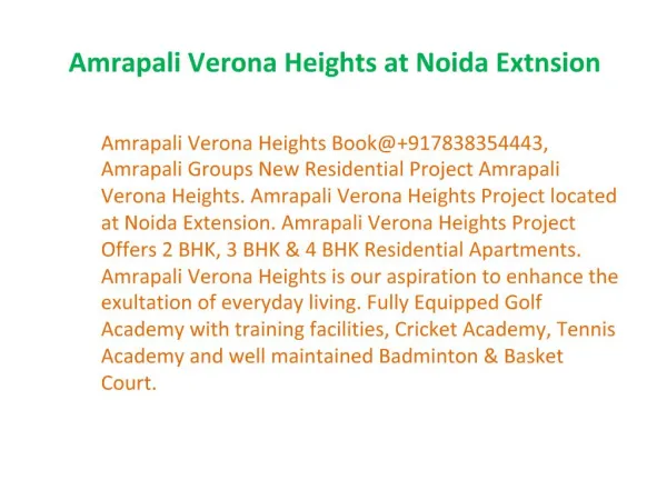 Verona Heights Noida Extension 7838354443 Amrapali Group