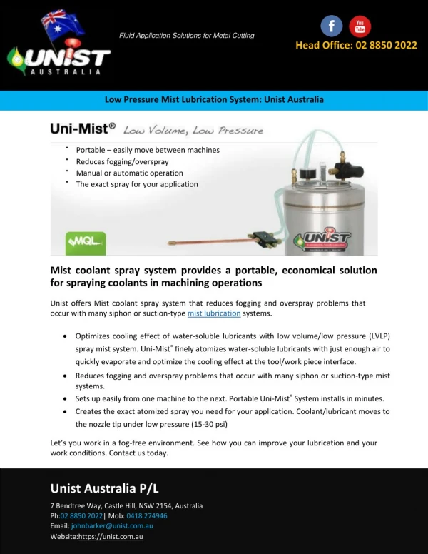 Low Pressure Mist Lubrication System: Unist Australia