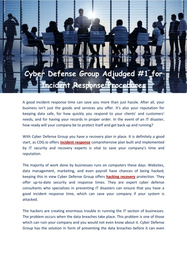 Cyber Defense Group Adjudged #1 for Incident Response Procedures