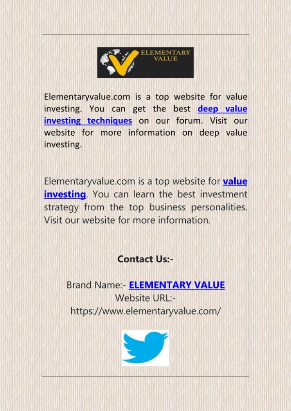 Deep Value Investing techniques | elementaryvalue.com