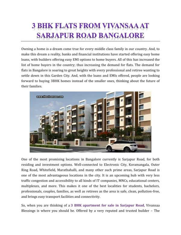 3 BHK Flats From Vivansaa At Sarjapur Road Bangalore