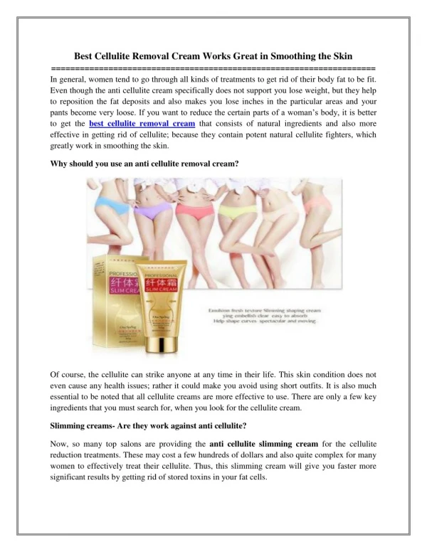 Best Cellulite Removal Cream Works Great in Smoothing the Skin