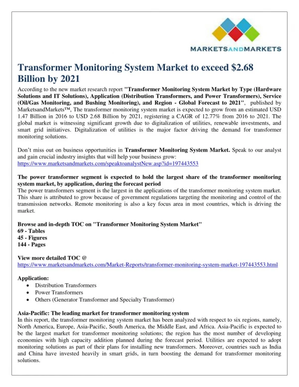 Transformer Monitoring System Market to exceed $2.68 Billion by 2021