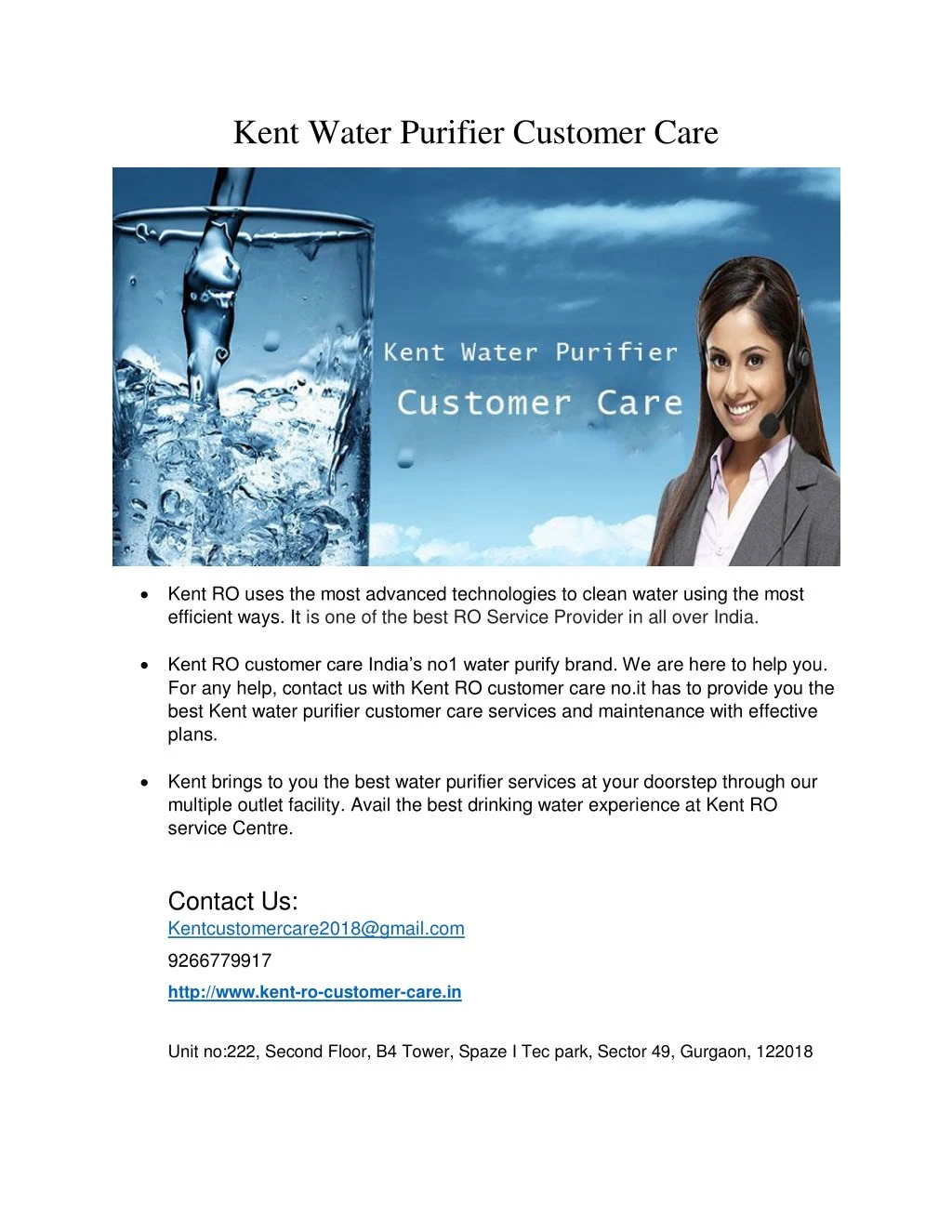 kent water purifier customer care