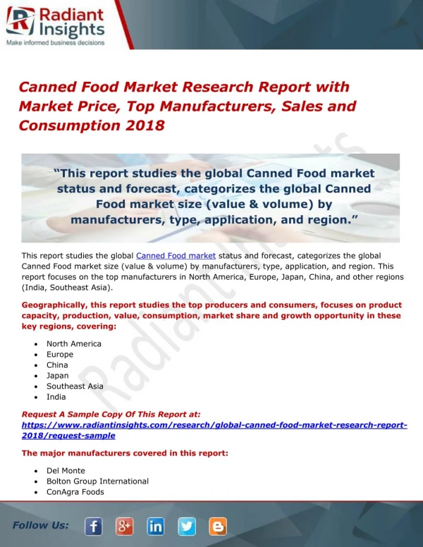 Canned Food Market Research Report with Market Price, Top Manufacturers, Sales and Consumption 2018