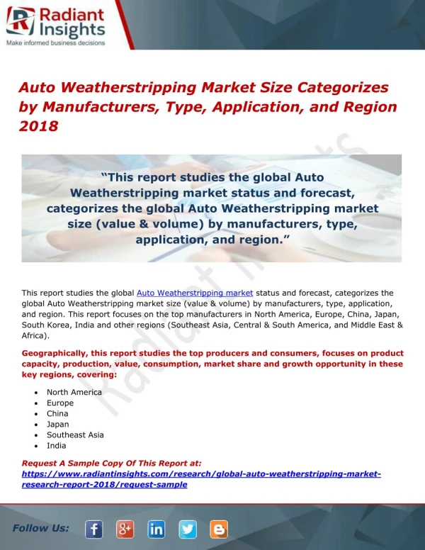 Auto Weatherstripping Market Size Categorizes by Manufacturers, Type, Application, and Region 2018