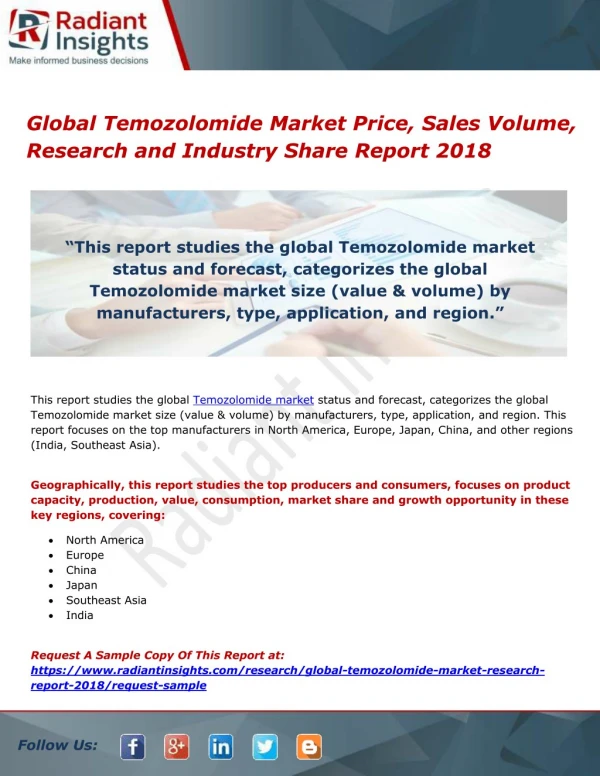 Global Temozolomide Market Price, Sales Volume, Research and Industry Share Report 2018