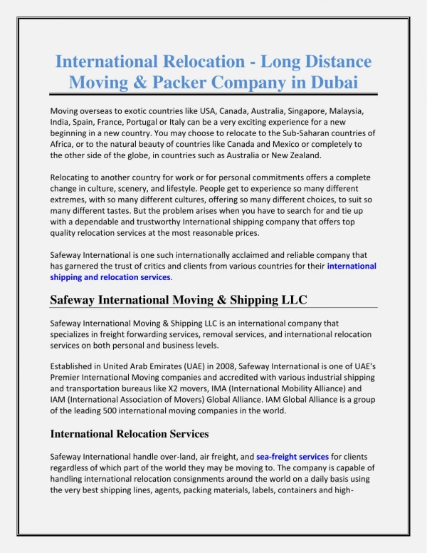 International Relocation - Long Distance Moving & Packer Company in Dubai