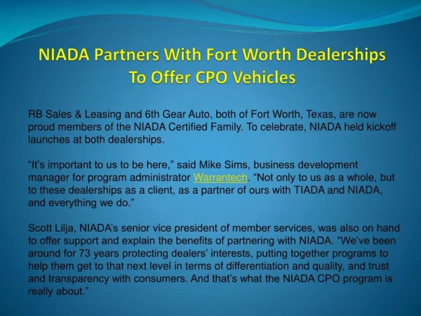 NIADA Partners With Fort Worth Dealerships To Offer CPO Vehicles