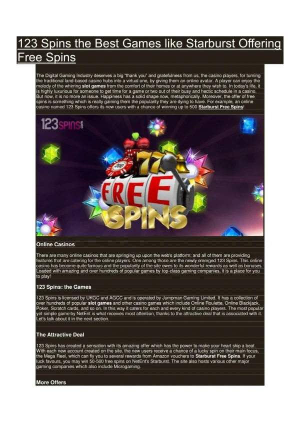 123 Spins the Best Games like Starburst Offering Free Spins