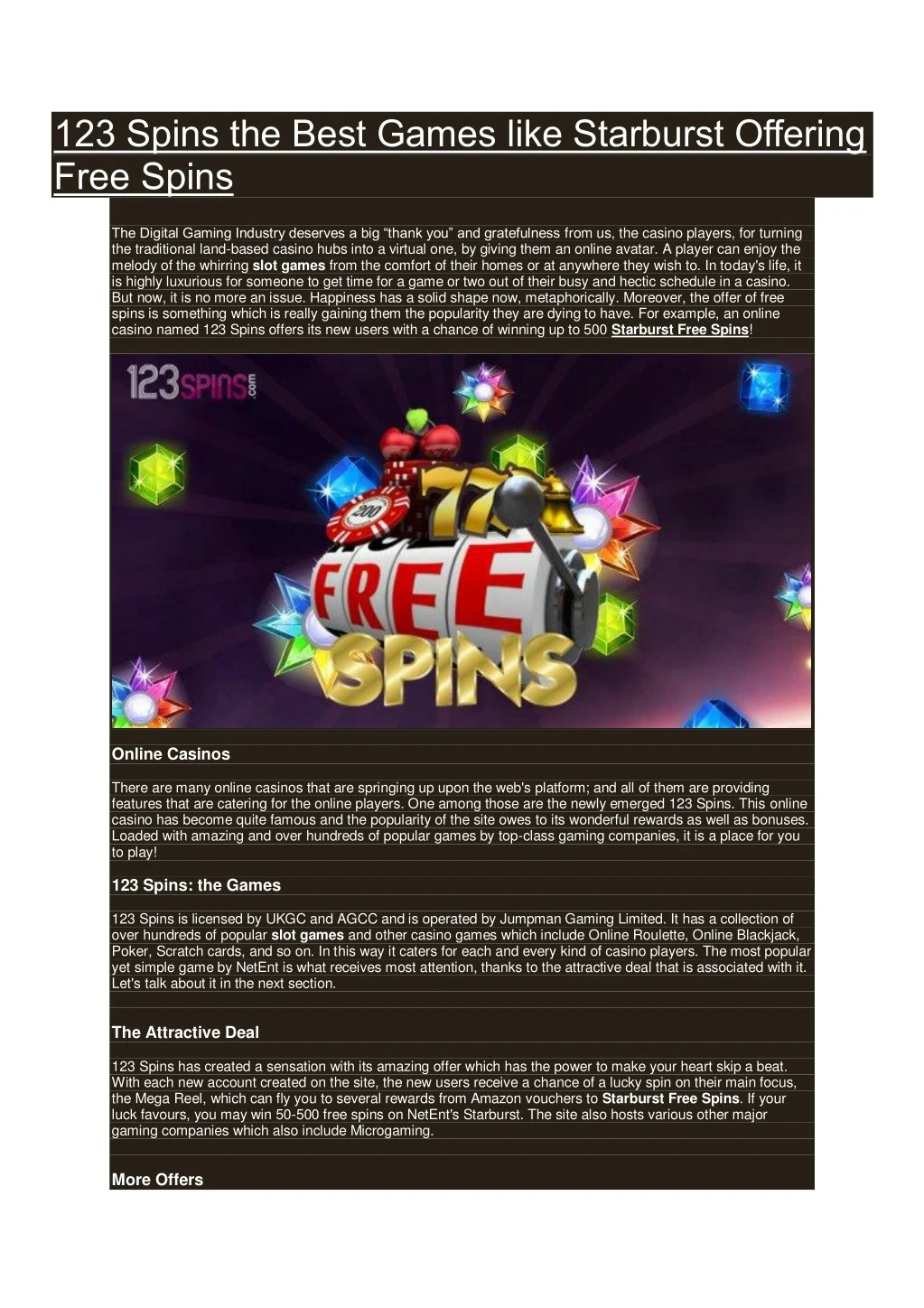 123 spins the best games like starburst offering