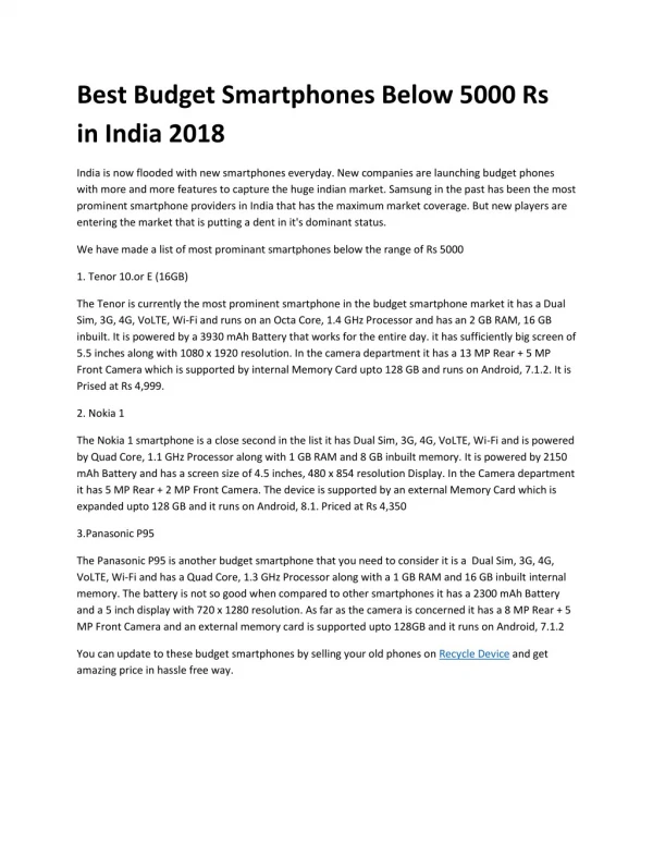 Best Budget Smartphones Below 5000 Rs in India 2018