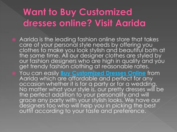 Want to Buy Customized dresses online? Visit Aarida