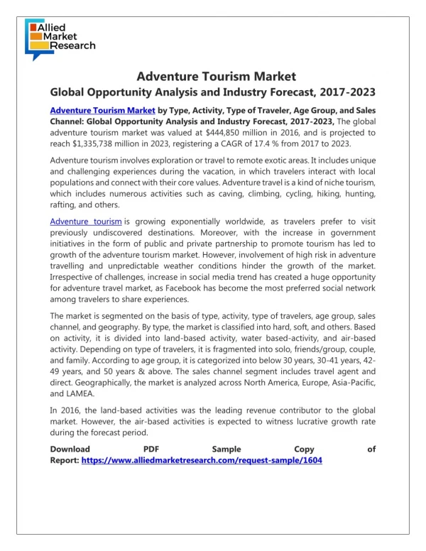 Adventure Tourism Market by Type, Activity, Type of Traveler, Age Group and Sales Channel Forecast, 2017-2023