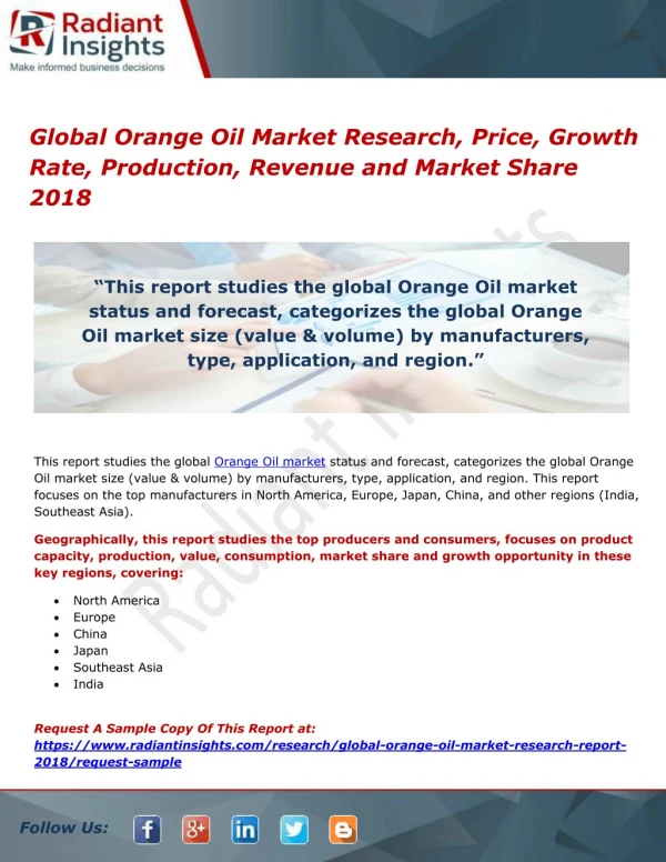 Global Orange Oil Market Research, Price, Growth Rate, Production, Revenue and Market Share 2018