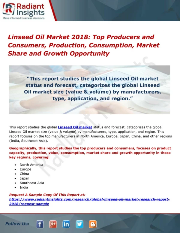 Linseed Oil Market 2018- Top Producers and Consumers, Production, Consumption, Market Share and Growth Opportunity