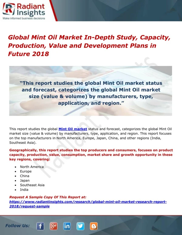 Global Mint Oil Market In-Depth Study, Capacity, Production, Value and Development Plans in Future 2018