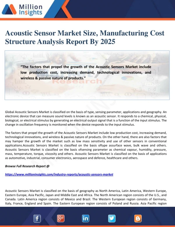 Acoustic Sensor Market Size, Manufacturing Cost Structure Analysis Report By 2025