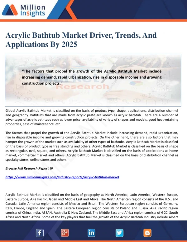 Acrylic Bathtub Market Driver, Trends, And Applications By 2025