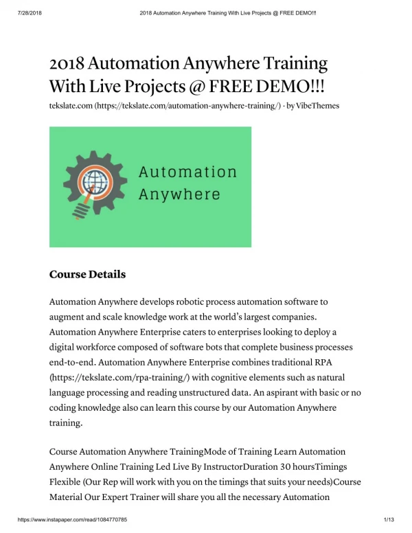 Automation Anywhere Training in India & USA - FREE DEMO !!!