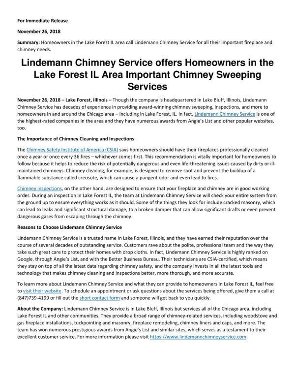 Lindemann Chimney Service offers Homeowners in the Lake Forest IL Area Important Chimney Sweeping Services