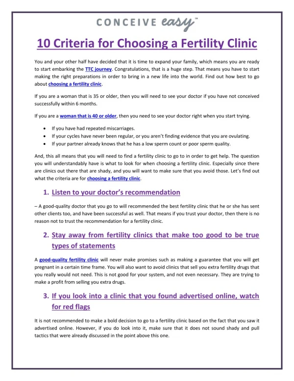 10 Criteria for Choosing a Fertility Clinic