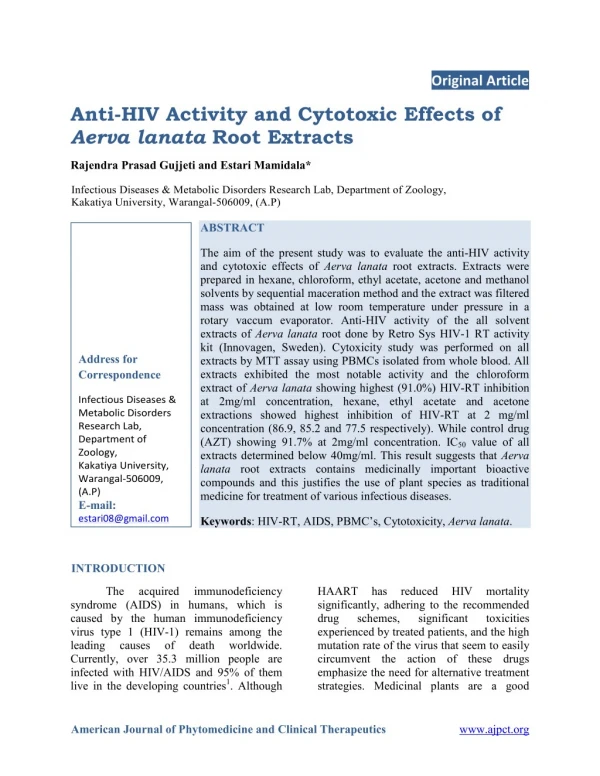 Anti-HIV Activity and Cytotoxic Effects of Aerva lanata Root Extracts