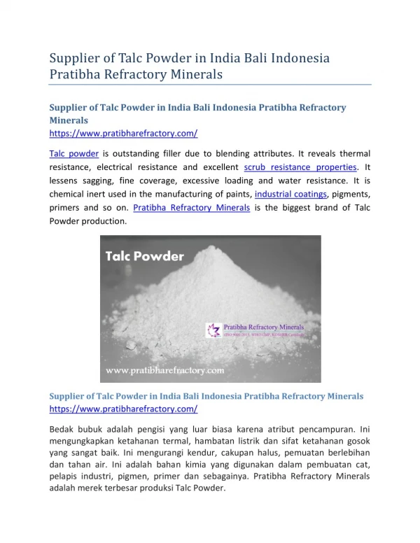 Supplier of Talc Powder in India Bali Indonesia Pratibha Refractory Minerals