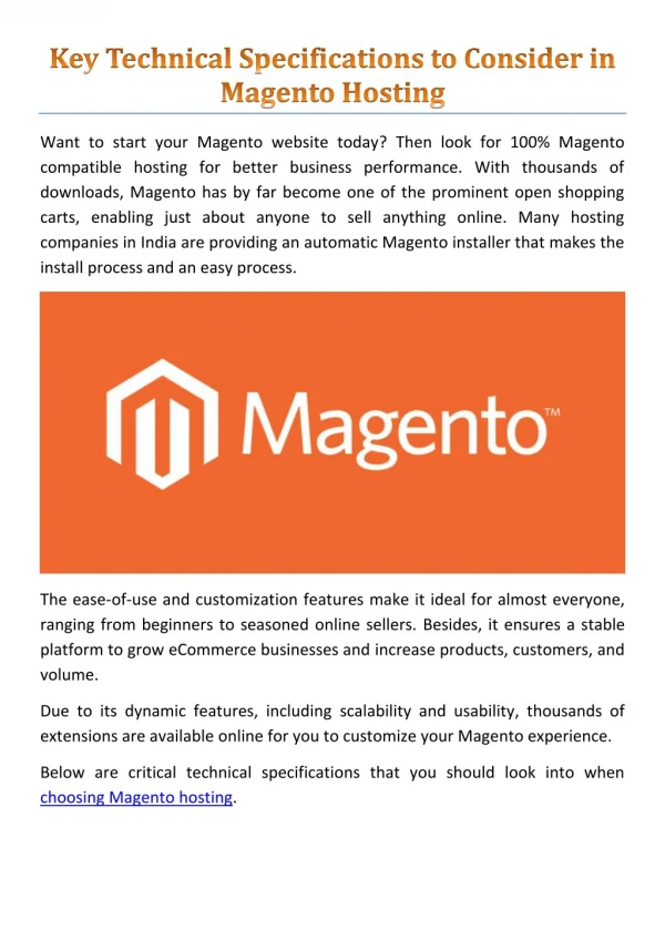 Key Technical Specifications to Consider in Magento Hosting