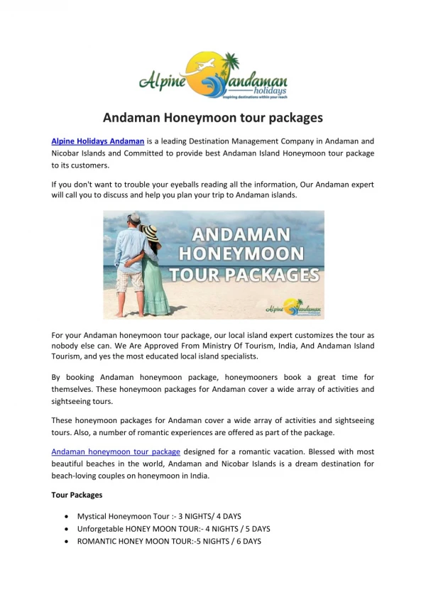 Andaman Honeymoon tour packages