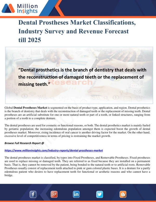 Dental Prostheses Market Classifications, Industry Survey and Revenue Forecast till 2025