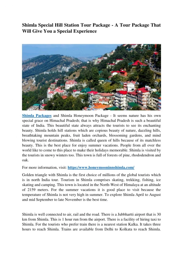 Shimla Special Hill Station Tour Package - A Tour Package That Will Give You a Special Experience