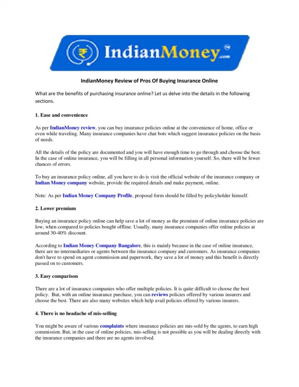 IndianMoney Review of Pros Of Buying Insurance Online