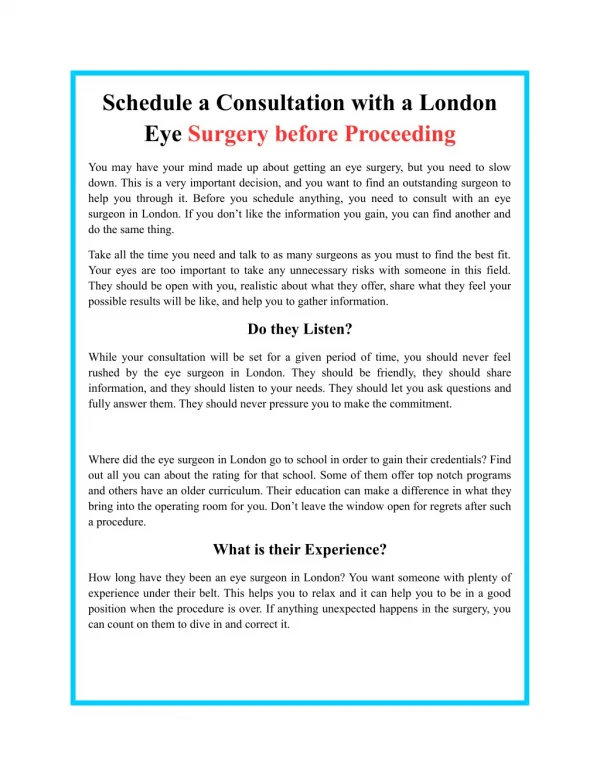 Schedule a Consultation with a London Eye Surgery before Proceeding