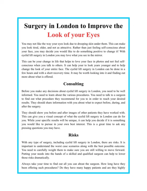Surgery in London to Improve the Look of your Eyes