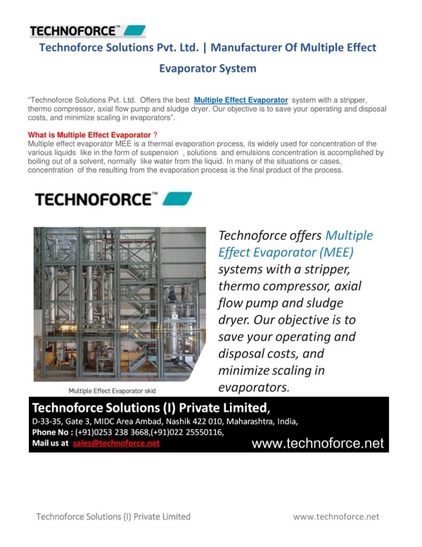 Technoforce Solutions Pvt. Ltd. | Manufacturer Of Multiple Effect Evaporator System