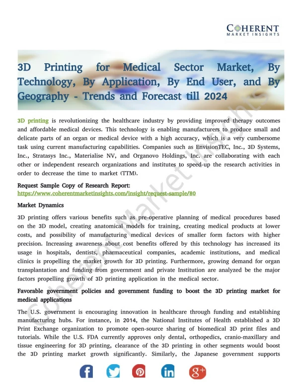 3D Printing for Medical Sector Market, By Technology, By Application, By End User, and By Geography - Trends and Forecas