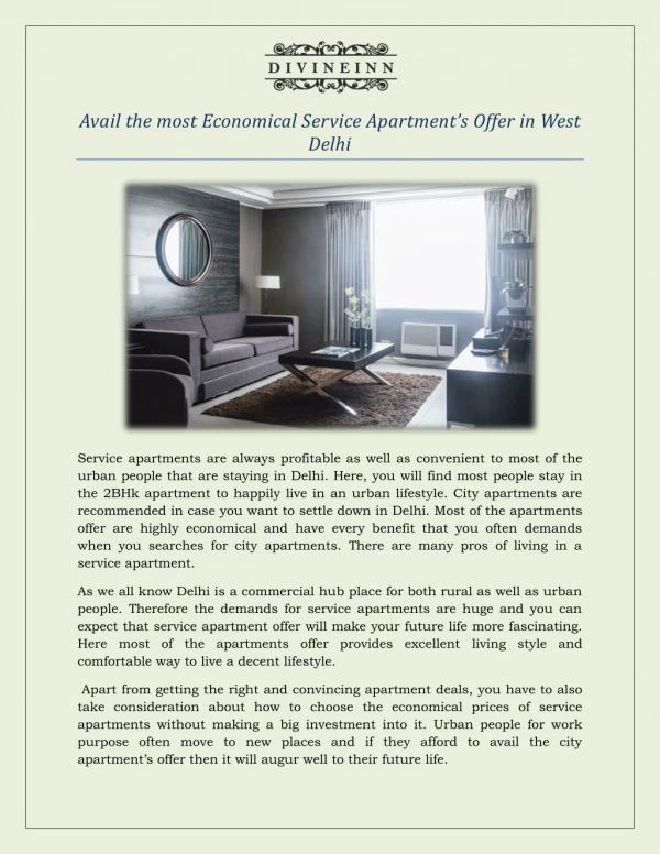 Avail the most Economical Service Apartment’s Offer in West Delhi