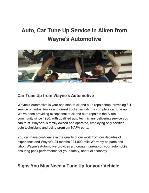 Auto, Car Tune Up Service in Aiken from Wayne's Automotive