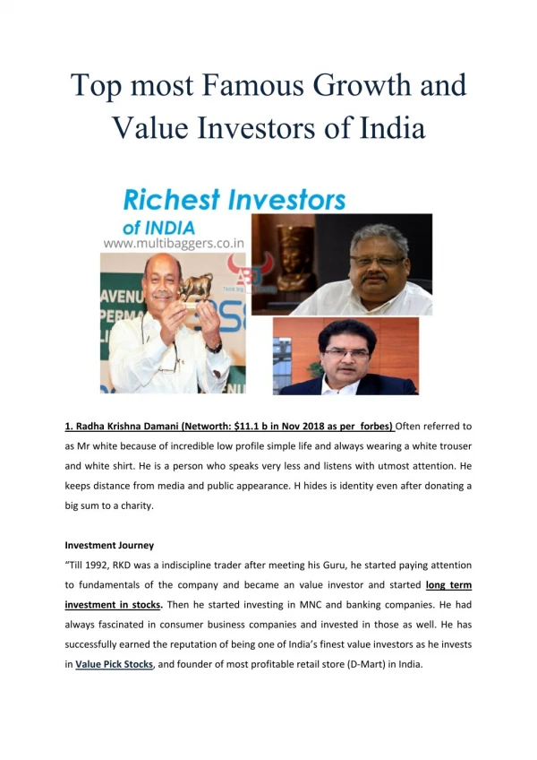 Top most Famous Growth and Value Investors of India