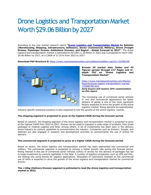 Drone Logistics and Transportation Market Worth $29.06 Billion by 2027