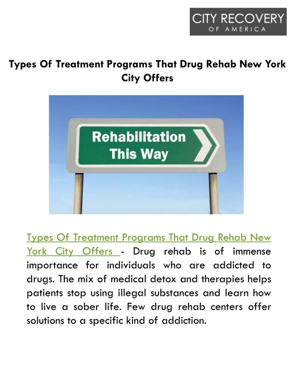 Types Of Treatment Programs That Drug Rehab New York City Offers