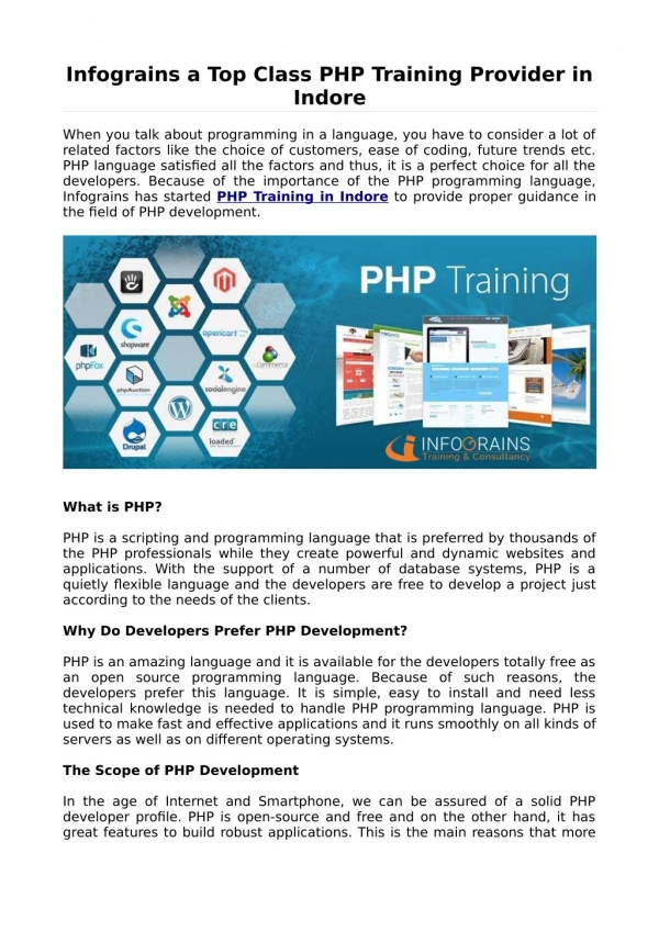 Infograins a Top Class PHP Training Provider in Indore