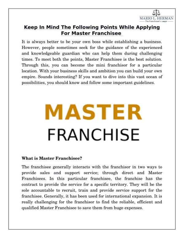 Keep In Mind The Following Points While Applying For Master Franchisee