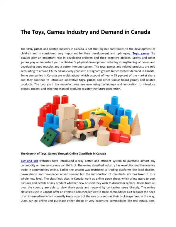 The Toys, Games Industry and Demand in Canada