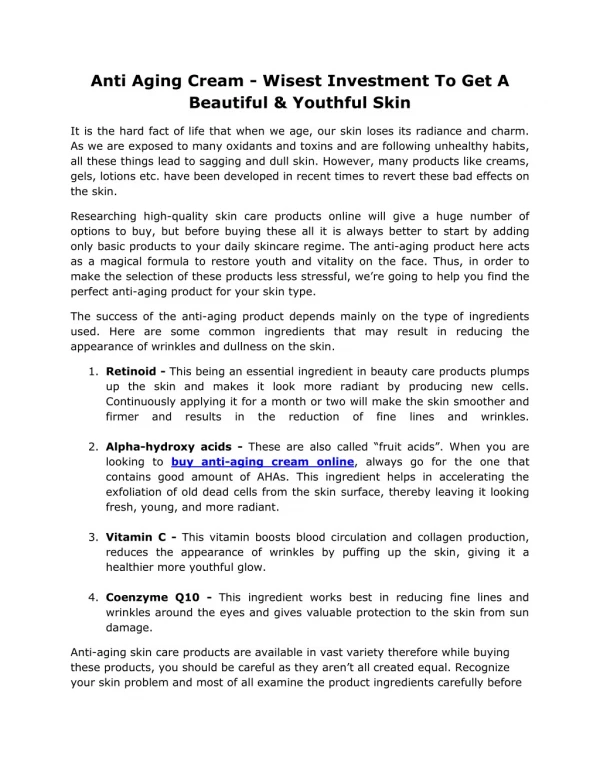 Anti Aging Cream - Wisest Investment To Get A Beautiful & Youthful Skin