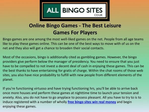 Online Bingo Games the Best Leisure Games for Players