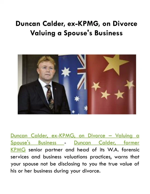 Duncan Calder, ex-KPMG, on Divorce Valuing a Spouse's Business
