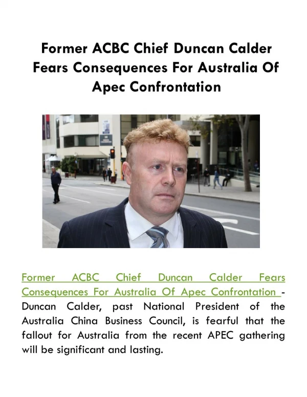Former ACBC Chief Duncan Calder Fears Consequences For Australia Of Apec Confrontation