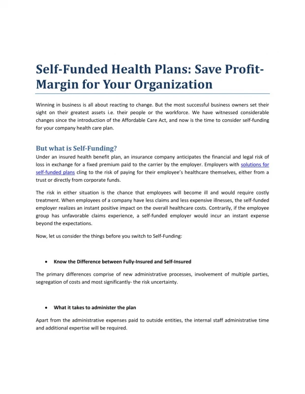 Self-Funded Health Plans: Save Profit-Margin for Your Organization